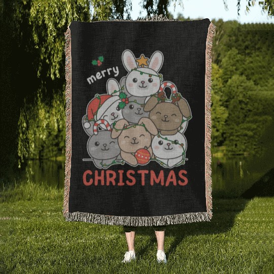 Bunny Christmas Tree Merry Christmas Woven Blankets