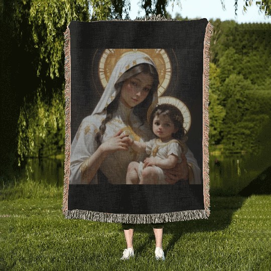 Beautiful Mother Mary and Baby Jesus Woven Blankets
