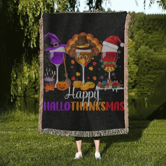 Happy Hallothanksmas Wine Glasses Drinking Lover Woven Blankets
