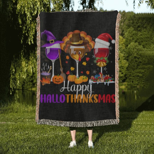 Happy Hallothanksmas Wine Glasses Drinking Lover Woven Blankets
