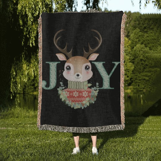 cute deer with sweater and Christmas wreath Woven Blankets