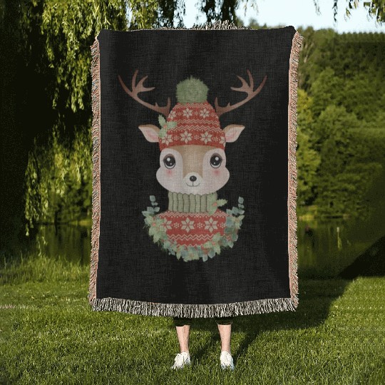 cute deer with sweater and Christmas wreath Woven Blankets