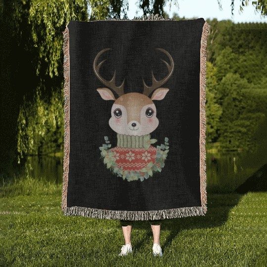 cute deer with sweater and Christmas wreath Woven Blankets