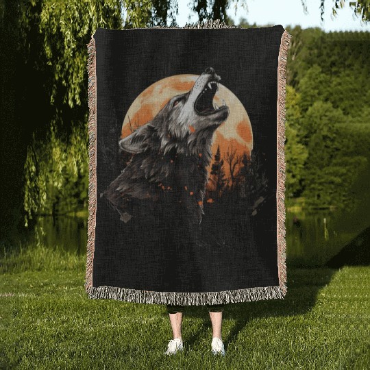 Halloween wolf Woven Blankets
