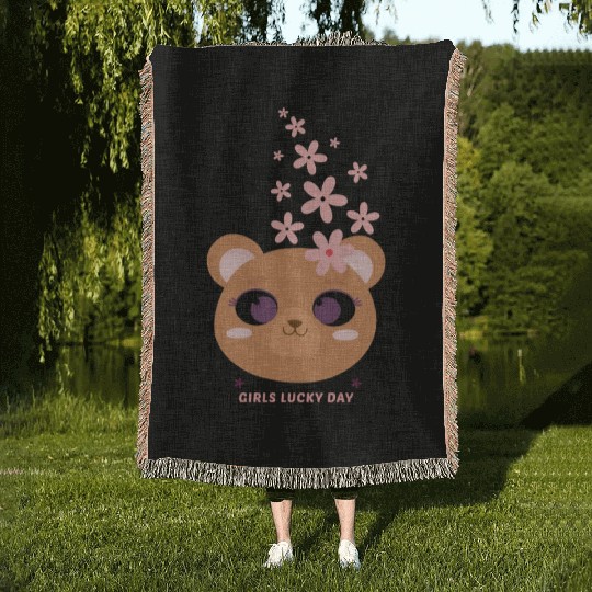 Teddy bear face with flower Woven Blankets
