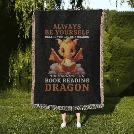 "Always Be Yourself" - Book Reading Yellow Dragon Woven Blankets