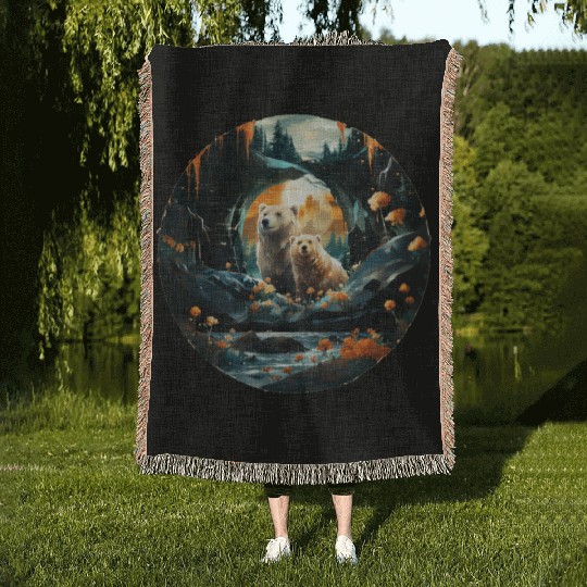 Double Exposure Polar Bear Mom and Cub Gift Woven Blankets