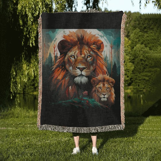 Geometric Lion Mother and Lion Cub in the Forest Woven Blankets