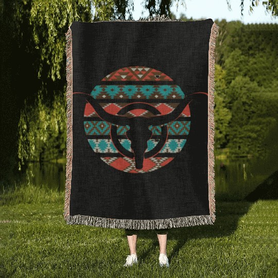 Retro Cow Skull Woven Blankets