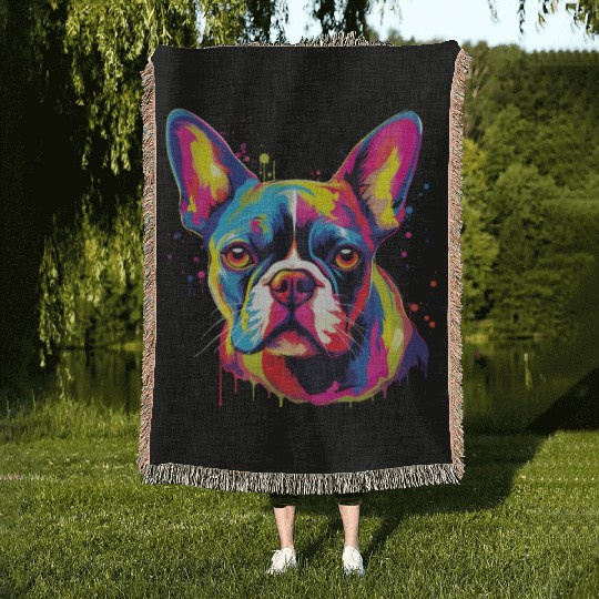 Watercolor Colorful Boston Terrier Woven Blankets