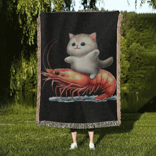 Cat rides on shrimp Woven Blankets