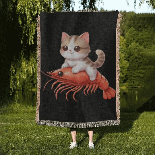 Cat rides on shrimp Woven Blankets