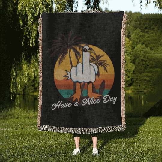 Funny Seagull Middle Finger - Have a Nice Day Woven Blankets