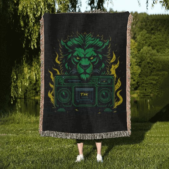 Lion-human character with emerald green fur. Woven Blankets