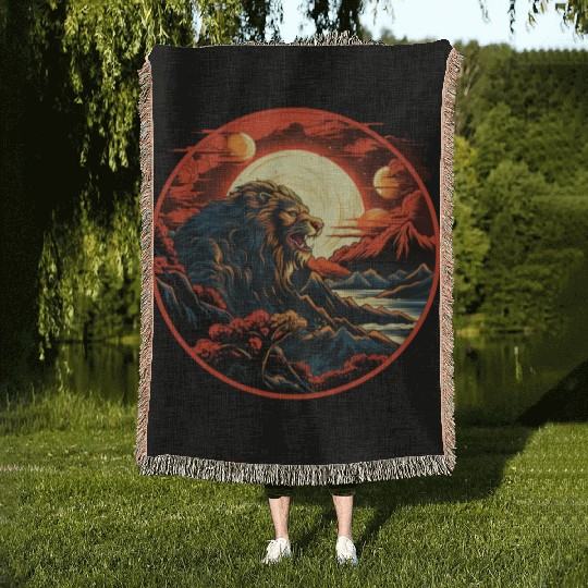 Red Japanese Style Mountain Lion Art Woven Blankets