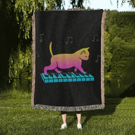 Piano Cat Gift For Cat Lover Woven Blankets