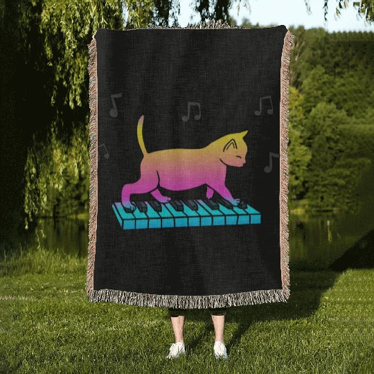 Piano Cat Gift For Cat Lover Woven Blankets