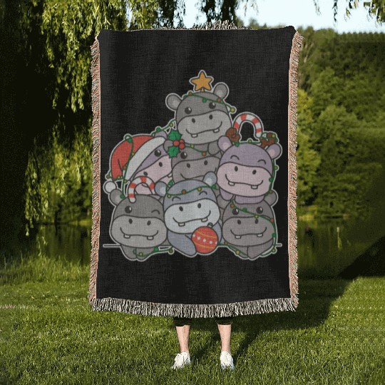 Hippo Christmas Tree Funny Animal Christmas Woven Blankets