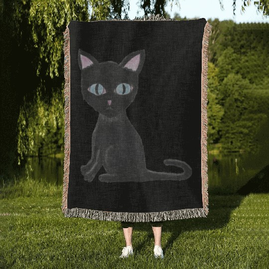 Mortis the Mysterious Black Cat Woven Blankets