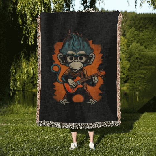 Monkey Chimpanzee Playing Acousitc Rock Guitar Woven Blankets
