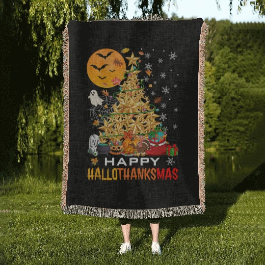 HAPPY HALLOTHANKSMAS CHRISTMAS THANKGIVING Woven Blankets