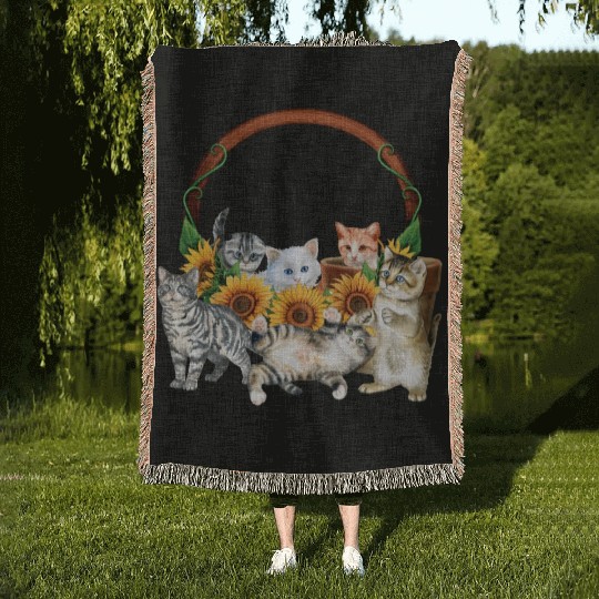 Kittens Sunflowers Gift For Cat LOver Woven Blankets