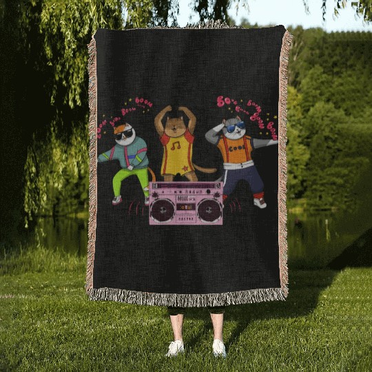 80's Fashion Breakdancer Cats Move To Pink Boombox Woven Blankets