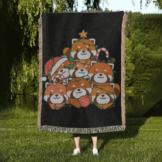 Red Panda Christmas Tree Funny Animal Woven Blankets