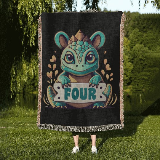 Fantasy Reptile Creature With Word "Four" Woven Blankets