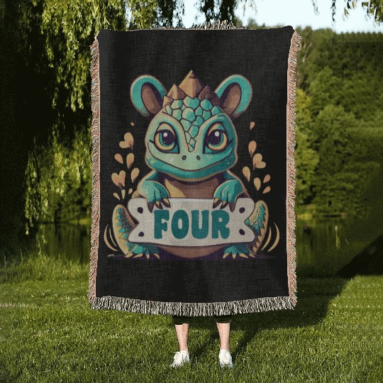 Fantasy Reptile Creature With Word "Four" Woven Blankets