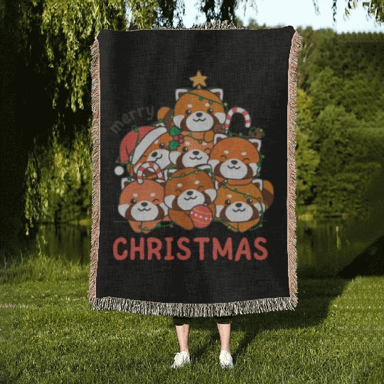 Red Panda Christmas Tree Merry Christmas Woven Blankets