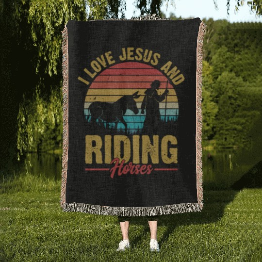 I Love Jesus And Riding Horses Riding Woman Horseb Woven Blankets