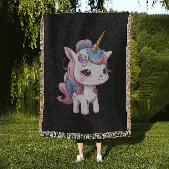 Rainbow unicorn 3 Woven Blankets