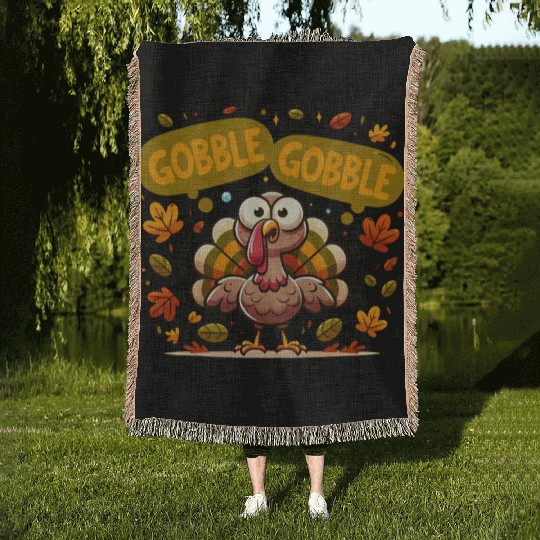 Fun Turkey Gobble Gobble for a Joyful Thanksgiving Woven Blankets