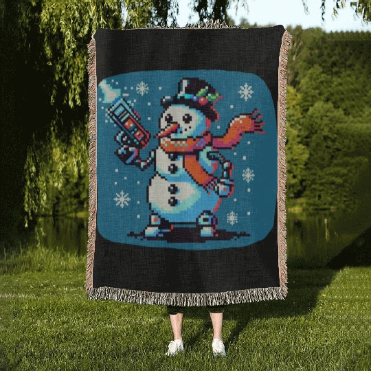 Cyber Snowman: Pixel Art Xmas Woven Blankets with Neon