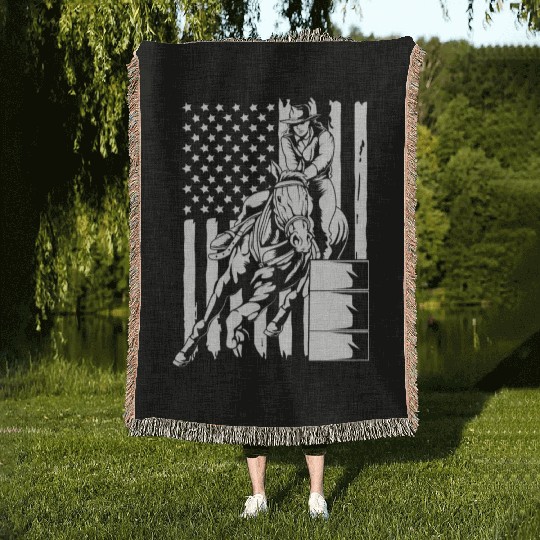 4th Of July Cowgirl Barrel Racing American Flag Woven Blankets