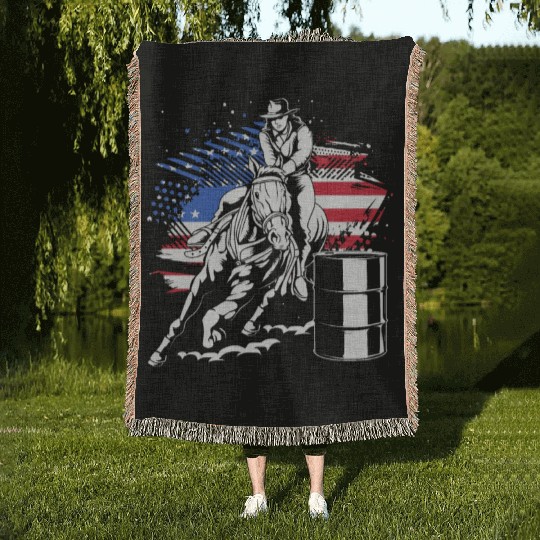 Retro American Flag Cowgirl Horse Barrel Racing Woven Blankets