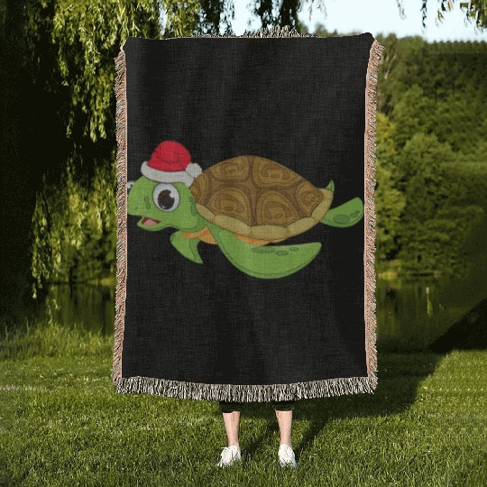 Christmas Woven Blankets for Girls Sea Turtle Santa Hat