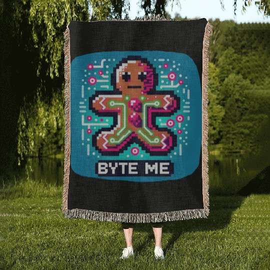 Neon Cyberpunk Gingerbread - "Byte Me" Christmas Woven Blankets