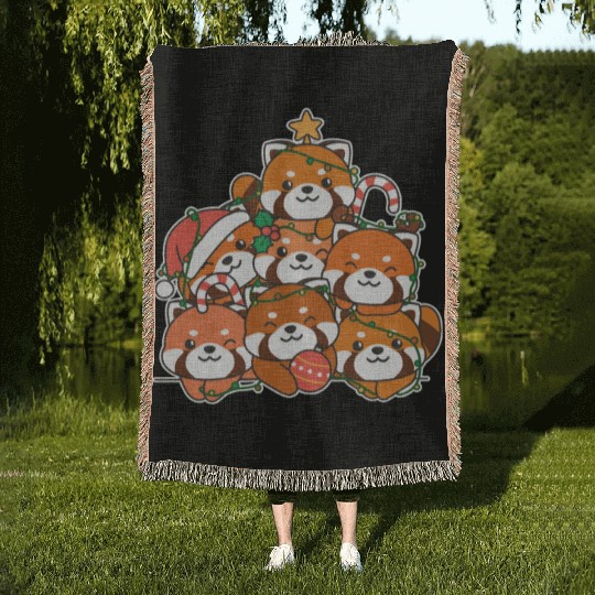 Red Panda Christmas Tree Funny Animal Woven Blankets