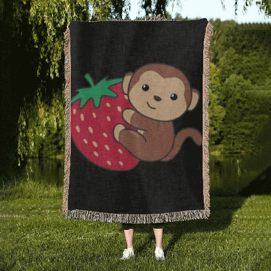 Monkey With Strawberry Cute Monkeys With Fruits Woven Blankets