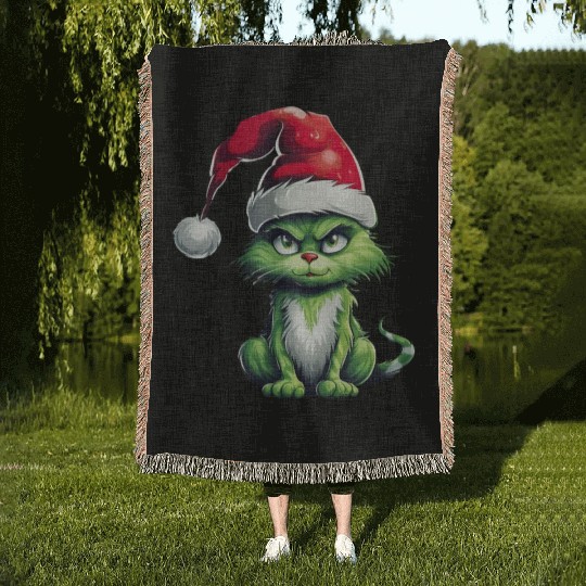 Green Christmas Cat Woven Blankets