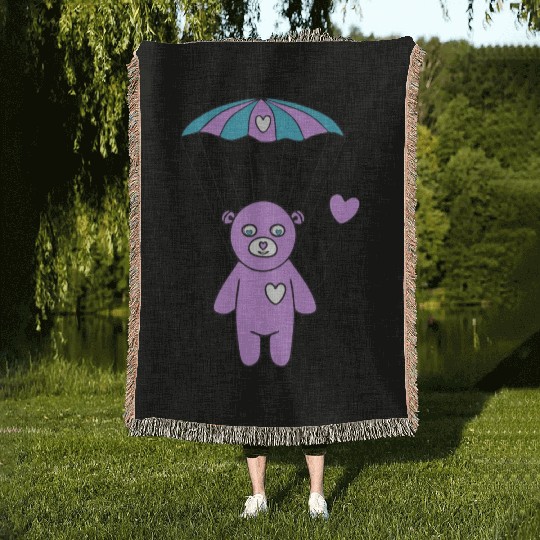 Cheerful Purple Teddy bear with a Heart Balloon Woven Blankets