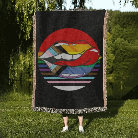 Retro Progress Pride Flag LGBTQ Rainbow Lips Woven Blankets