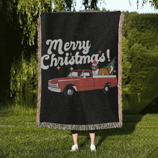 Vintage Red Pick Up Truck Saint Bernard Dog Merry Woven Blankets
