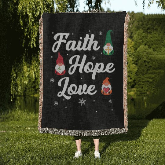Faith Hope Love Religious Family Christmas Gnome Woven Blankets
