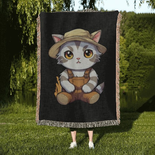 Kawaii Cat Farmer Agriculturist Farming Cute Anime Woven Blankets