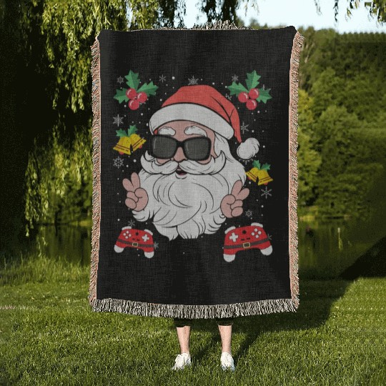 Santa Cool Gamer Video Game X-Mas Gaming Woven Blankets