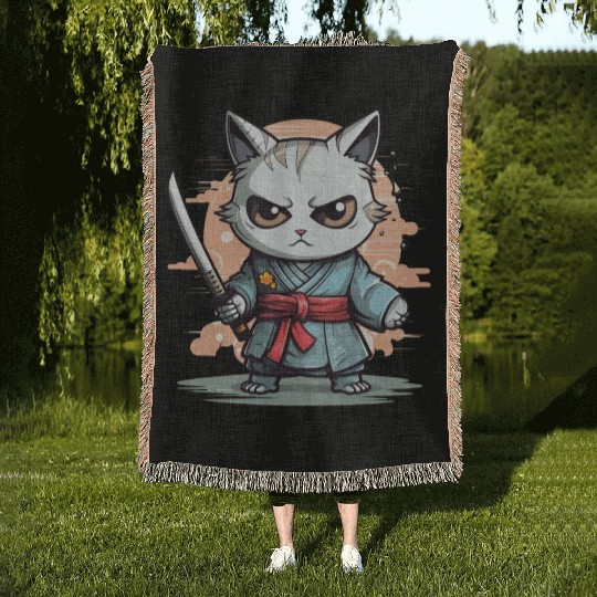 Cute Samurai Cat Kawaii Japanese Ronin Aesthetic A Woven Blankets