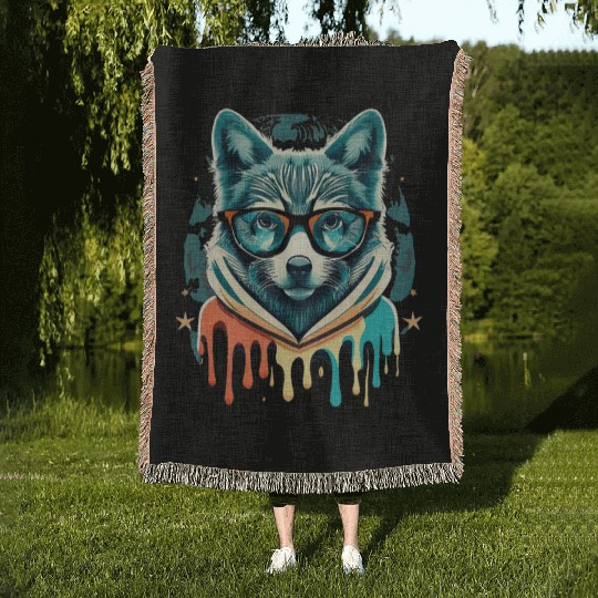 Hipster Wolf Drip Woven Blankets